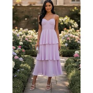 NEW Lulus Cascading Crush Pleated Tiered Ruffle Bustier Midi Dress in Lilac
